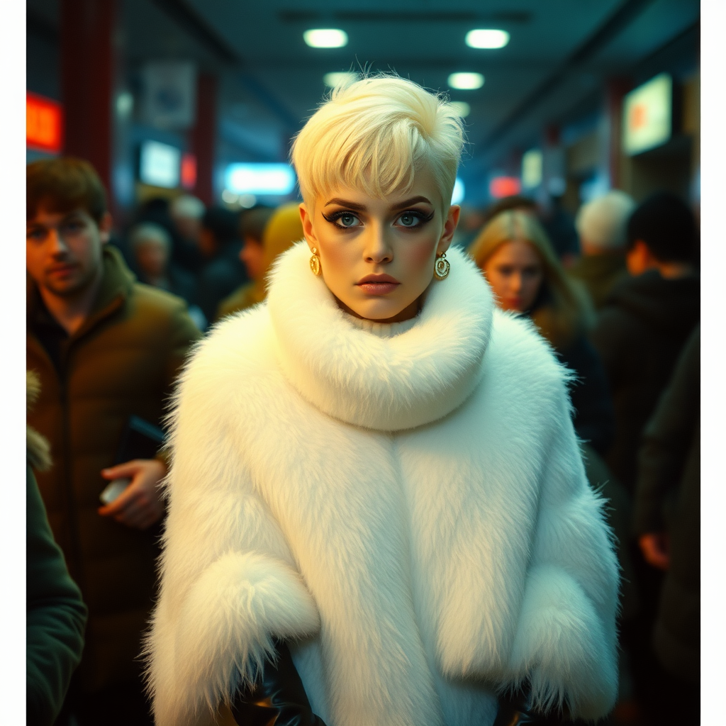 1990 winter evening, crowded cinema lobby: Sam, 19 years old beautiful involuntary femboy, rebellious intractable character, petite boyish figure, platinum blond boyish rebel punk hairstyle, flawless heavily made-up face with sharp arched tattooed eyebrows, wearing Supertanya-style fluffy very fuzzy bright white angora long turtleneck-poncho fully covering body and arms, black leather high-heeled thigh-high boots, gold earrings, puzzled alarmed, pout serious, impatiently waiting for her master. Focus on Sam’s face and turtleneck-poncho.