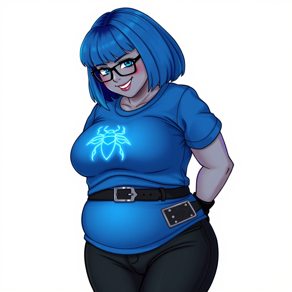 A 28-year-old, full-figured, metallic middle gray skinned computer program hybrid with a maximum blue bob cut. She has a non-athletic build, highlighted by a prominent, round midsection (with a focus on her belly). As a digital sidekick and computer hacker to her cyberpunk vigilante boyfriend, her middle gray metallic skin and maximum blue lipstick emphasize her digital nature. She wears a tight-fitting, maximum blue t-shirt (accentuating her belly) with a neon blue glowing chest icon of a beetle, black pants, a black belt with a sapphire scarab buckle, and black gloves. Her bright blue eyes, black eyeglasses, and shy smile with neon red blush accentuate her nerdiness. She bashfully bows her head with her hands behind her back, her t-shirt covering her midsection (especially her belly) and emphasizing her full-figured, non-athletic physique. She is on a solid white background. She is drawn as if she was in a retro 2D cyberpunk fighting game. She is clearly non-athletic, with a focus on her full figure. Make sure her t-shirt covers her midsection (especially her belly).