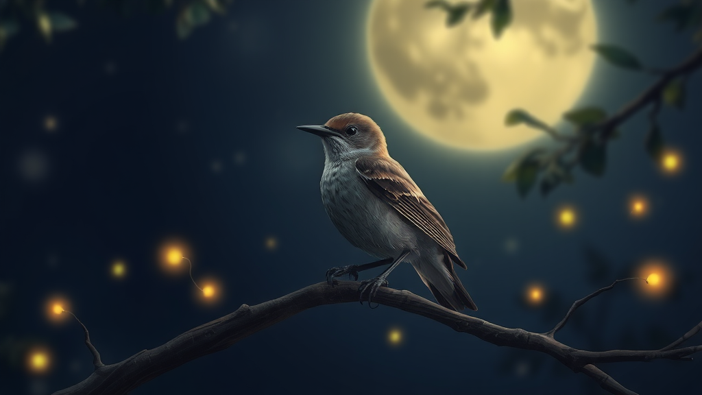 mockingbird sitting on a branch at night and little fireflies around animation