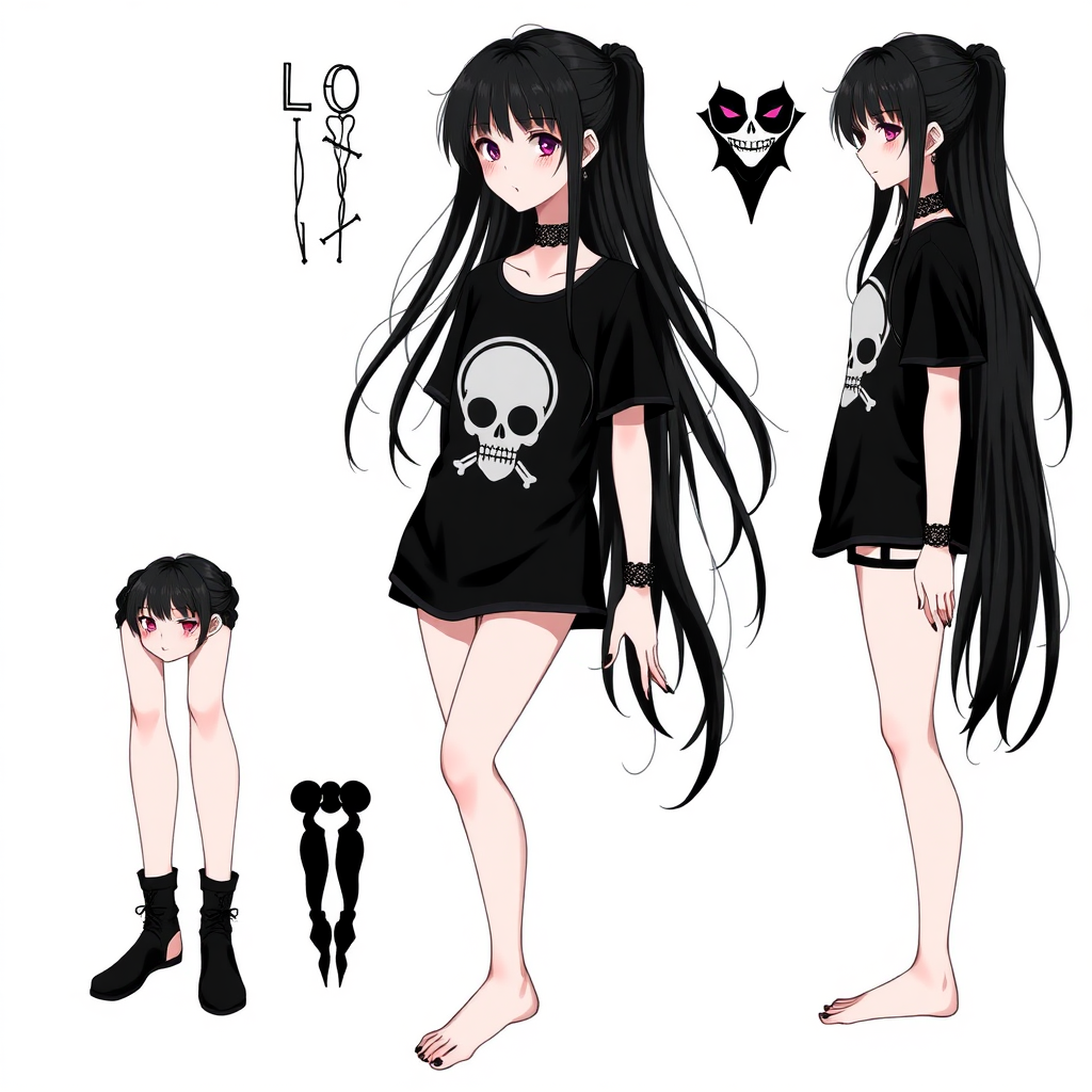 A full-body character sheet of a Gothic-style young adult woman with long black hair. She is wearing a black t-shirt with a skull logo, a choker around her neck, and small black lingerie underwear. She is barefoot. The background is white.