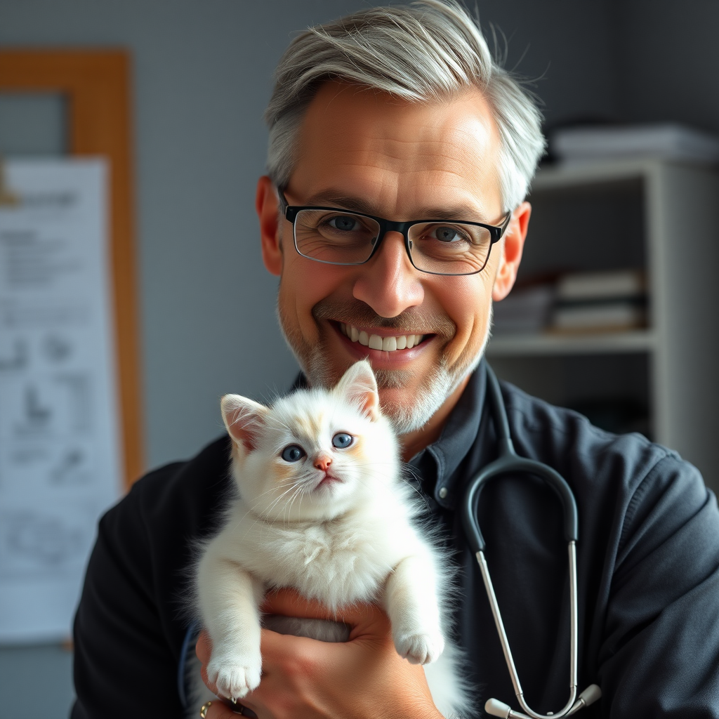 a 57yo handsome swiss doctor, very reliable look,on his studio,nice smile,really professional look,extremely photorealistic image, no rings. there is an handsome insanely cute little white kitten on the doctor's arms,extremely realistic,the doctor's theeth are stunningly clean and white and are simply perfect ,