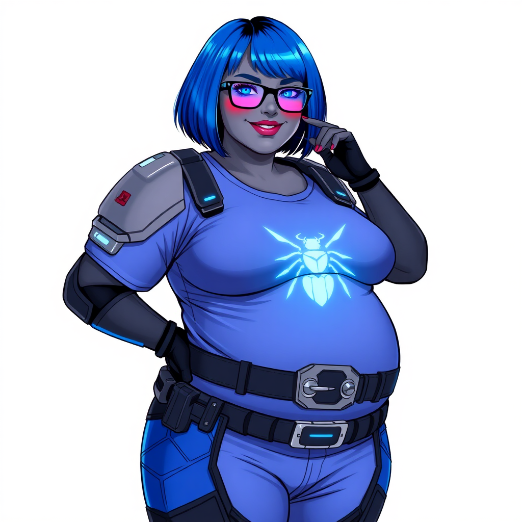 A 28-year-old, full-figured, Middle Gray skinned, computer program hybrid with a maximum blue bob cut. She has a non-athletic, full-figured build, highlighted by a prominent, round, large midsection (with heavy emphasis on her large belly). As the full-figured, nerdy, digital sidekick to her cyberpunk vigilante boyfriend, her metallic middle gray skin and maximum blue lipstick emphasize her digital nature. She wears a digital, computerized costume, consisting of a huge, tight-fitting, maximum blue t-shirt with a neon blue glowing chest icon of a beetle, hi-tech shoulder pads with neon blue glowing accents, a black hi-tech belt with a digital neon blue glowing buckle, digital maximum blue pants with neon blue accents, and black hi-tech gloves with neon blue glowing accents. Her bright blue eyes, black eyeglasses with neon blue glowing lenses with a built-in HUD, and shy smile with neon red blush accentuate her nerdiness. She stands bashfully with one hand behind her back and the other hand gently touching her cheek, her costume covering all her skin and emphasizing her full-figured physique (especially her belly). She is clearly non-athletic, with a heavy focus on her large belly. Despite her build, she radiates beauty. She has a slim face compared to her physique, accentuating her radiant beauty. She is on a solid white background. She is drawn as if she were in a retro 2D cyberpunk fighting game.