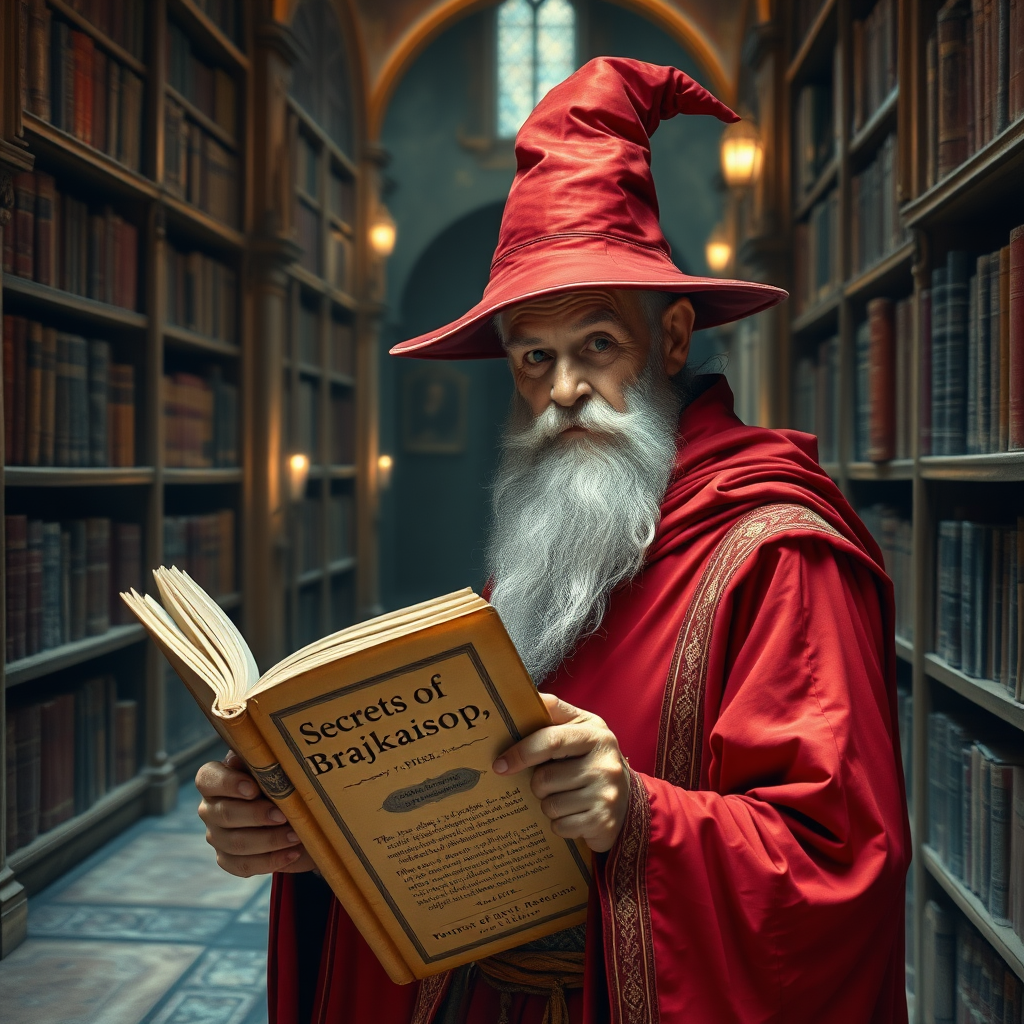 An old male wizard looking at camera in a red pointed hat and red robes with gold trim walking through a library while reading from an old book titled "Secrets of Brajkaisop"