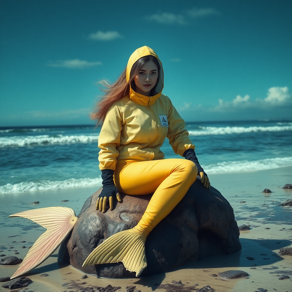 A realistic female mermaid wearing a hazmat suit while sitting on top of a rock on a toxic looking beach. No hair