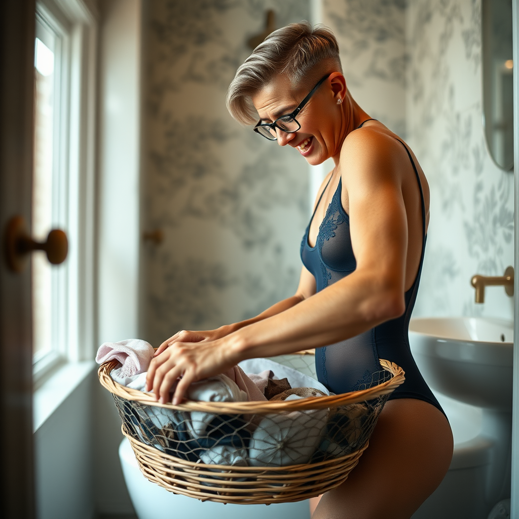 In a bathroom, an amazed European skinny boy is frantically rummaging in a basket full of lingerie. He is watched from a distance by a gorgeous 45-year-old European Latina, with a sharp aquiline nose, wrinkles, high cheekbones, Middle Eastern features, skinny build, tanned skin, rounded medium-sized breasts, skinny thighs, a big rounded ass, full makeup, jewelry, a serious expression, sharp nose, shocked smile, blushing, open mouth, and a horny demeanor. She has ash hair styled in a short bowl haircut with slicked-back short hair and brown eyes, wearing glasses with detailed features. She is dressed in a navy blue sheer embroidered leotard made of detailed fabric, captured in a full-body landscape wide shot, in focus.