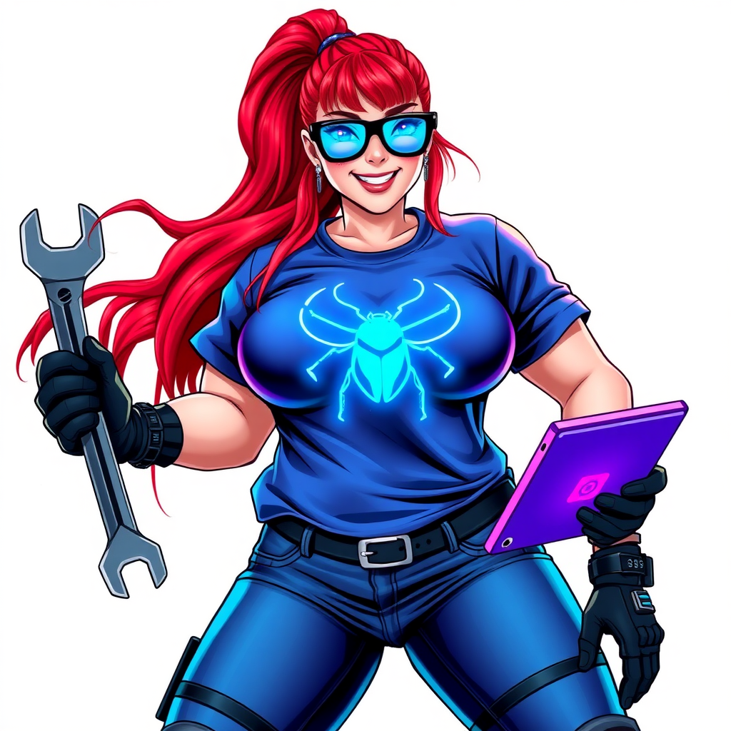 A 28-year-old, full-figured computer hacker and tech wiz, she is the girlfriend of a cyberpunk vigilante. Her long ruby red ponytail, and striking, bright blue eyes make her stand out. Her wrecking ball-sized midsection, sequoia-sized limbs, and broad shoulders define her full figure, which has been heavily pampered by her doting boyfriend. Her nerdiness is blatantly obvious, and she serves as her boyfriend’s tech expert.

As the loyal and supportive sidekick, she plays a crucial role in their missions, using her digital and technological prowess to assist and protect. She wears an oversized maximum blue t-shirt adorned with a glowing neon blue beetle chest icon, black oversized eyeglasses, matching maximum blue biker pants, and black high-tech gloves. She beams with a neon red blush, holding a futuristic wrench and a digital holographic tablet. She is on a solid white background. She is drawn as if she was in a retro 2D cyberpunk fighting game.