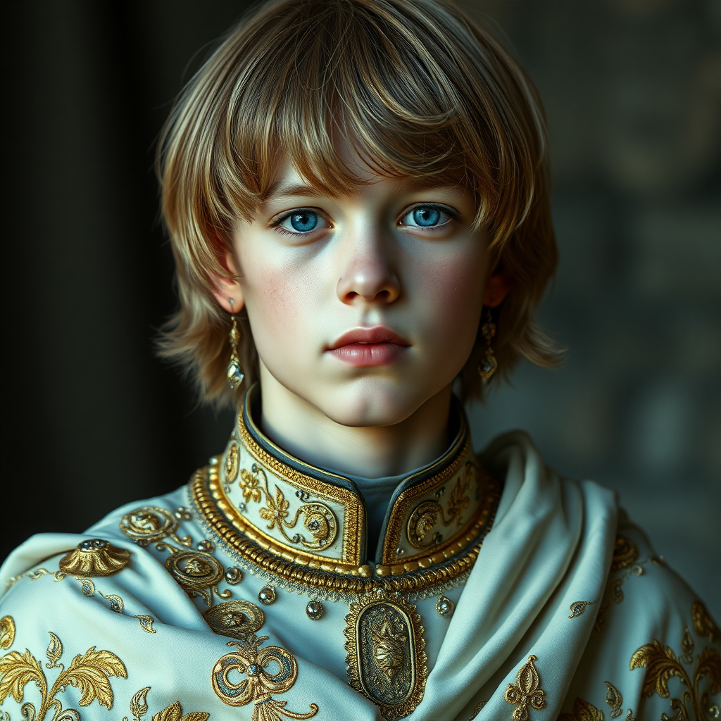 16yo teen boy prince, long bob cut, embroidered with gold and diamonds medieval cloths. photorealistic, ultra high resolution, 16K,