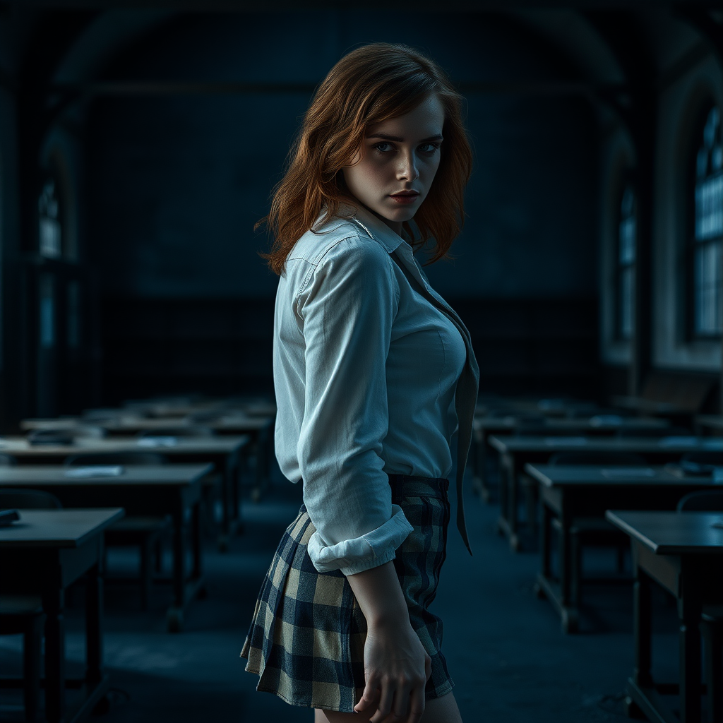 Emma Watson as Hermione Granger, tousled hair, seductive, very pale skin, natural makeup, sideboob, overknee boots made from leather, short checkered miniskirt, stained white linen shirt, necktie, flat chest, cleavage, thoughtfully looking at viewer over shoulder, full body shot, erotic, teasing, dark and moody, skin details, skin imperfections, abandoned Hogwarts classroom in background, blue hour, photorealistic, ultra high resolution, 16K, viewed from side, standing in shadows, silhouette.