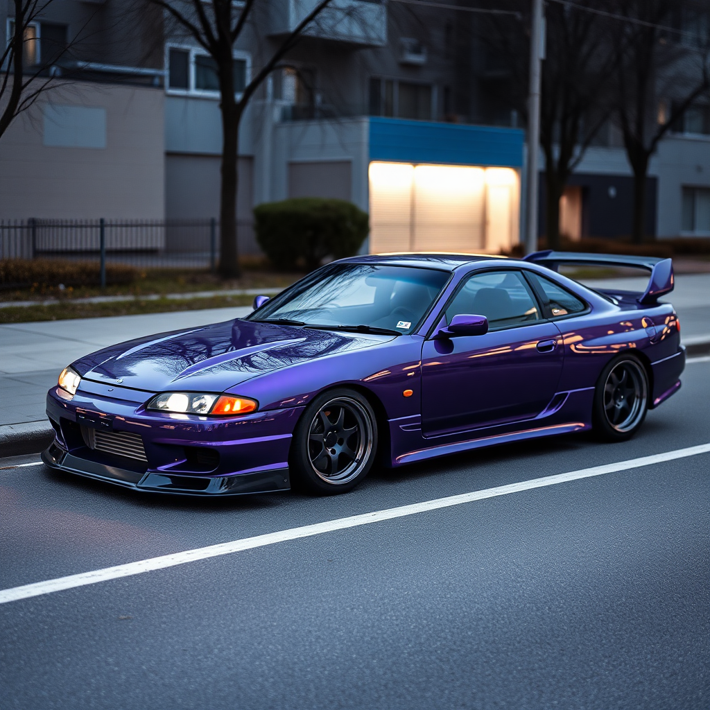 camelonn purple nissan silvia s14 the car is parked on the side of the road, inspired by Taiyō Matsumoto, tumblr, restomod, nd4, c4 cold colors