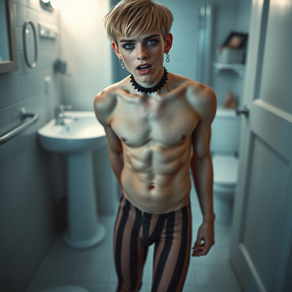 photorealistic, ultra high resolution, 16K, surreal fantasy, soft studio lighting, Caleb Swift is a pretty 16 year old goth male, slim male physique, blonde hair, blue eyes, goth makeup, earrings, tan & black vertically striped pantyhose, spiky neck collar with chain, standing on the floor of the bathroom, excited mouth, bulging crotch, full body front view of Caleb facing the camera.