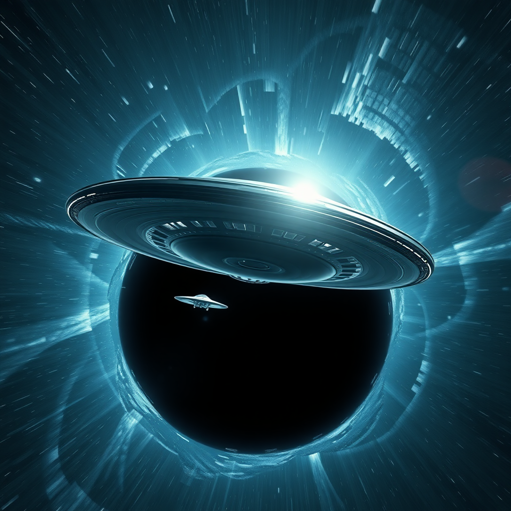 ultrarealistic ufo starship fleet entering realistic black hole vortex 8k resolution,sharp focus,