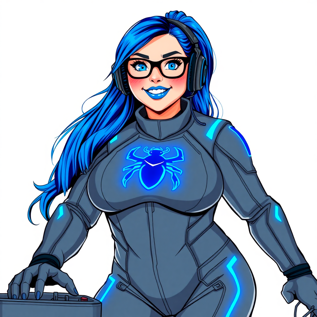 A nerdy, full-figured 29-year-old computer program-human hybrid with a long, maximum blue ponytail. She wears maximum blue lipstick and has bright blue eyes. Her outfit includes a digital middle gray biker suit featuring a neon blue glowing beetle chest icon. She sports a sapphire headset and black eyeglasses, with a lovestruck smile and neon red blush. Her full figure reflects the doting care of her vigilante boyfriend. As his tech expert, she works diligently at her lab table in their hideout. The background is solid white. She has a prominent, large, round midsection, thick limbs, and broad shoulders. Her middle gray metallic skin with neon blue glowing accents highlights her digital nature. The biker suit blends with her skin appearing to merge together as computer data. She is drawn as if she was in a retro 2D cyberpunk fighting game.