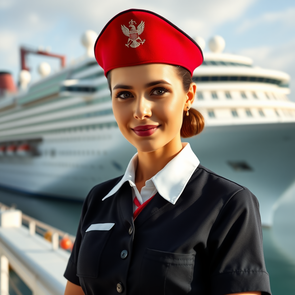 create a photo realistic image of a person who works in a cruise line dressed with uniform. In the background is a cruise ship. Make the image rectangle and not square