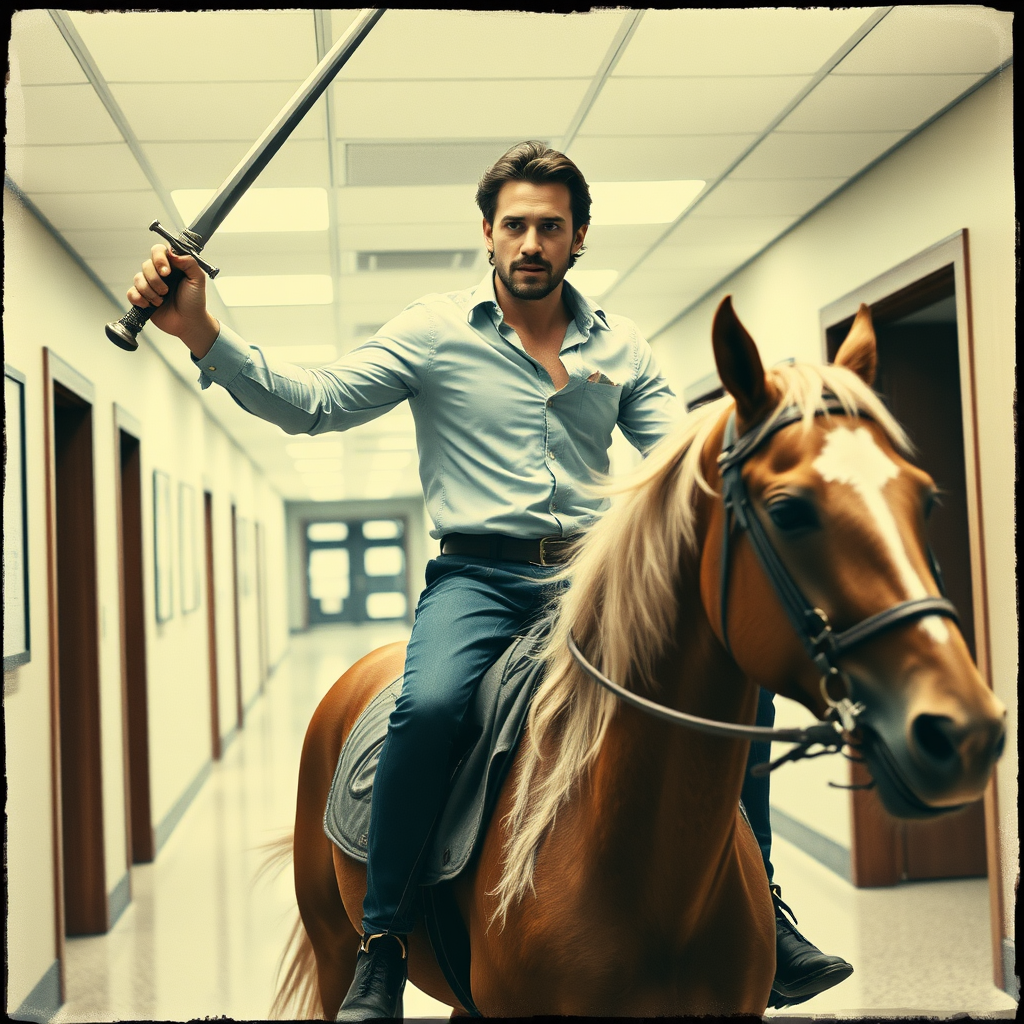 Polaroid, vsco filter, photo realistic Pat Gelsinger riding a horse, holding a rapier in the air. Pat is wearing a ripped and torn dress shirt. The horse is riding through the halls of a corporate office.