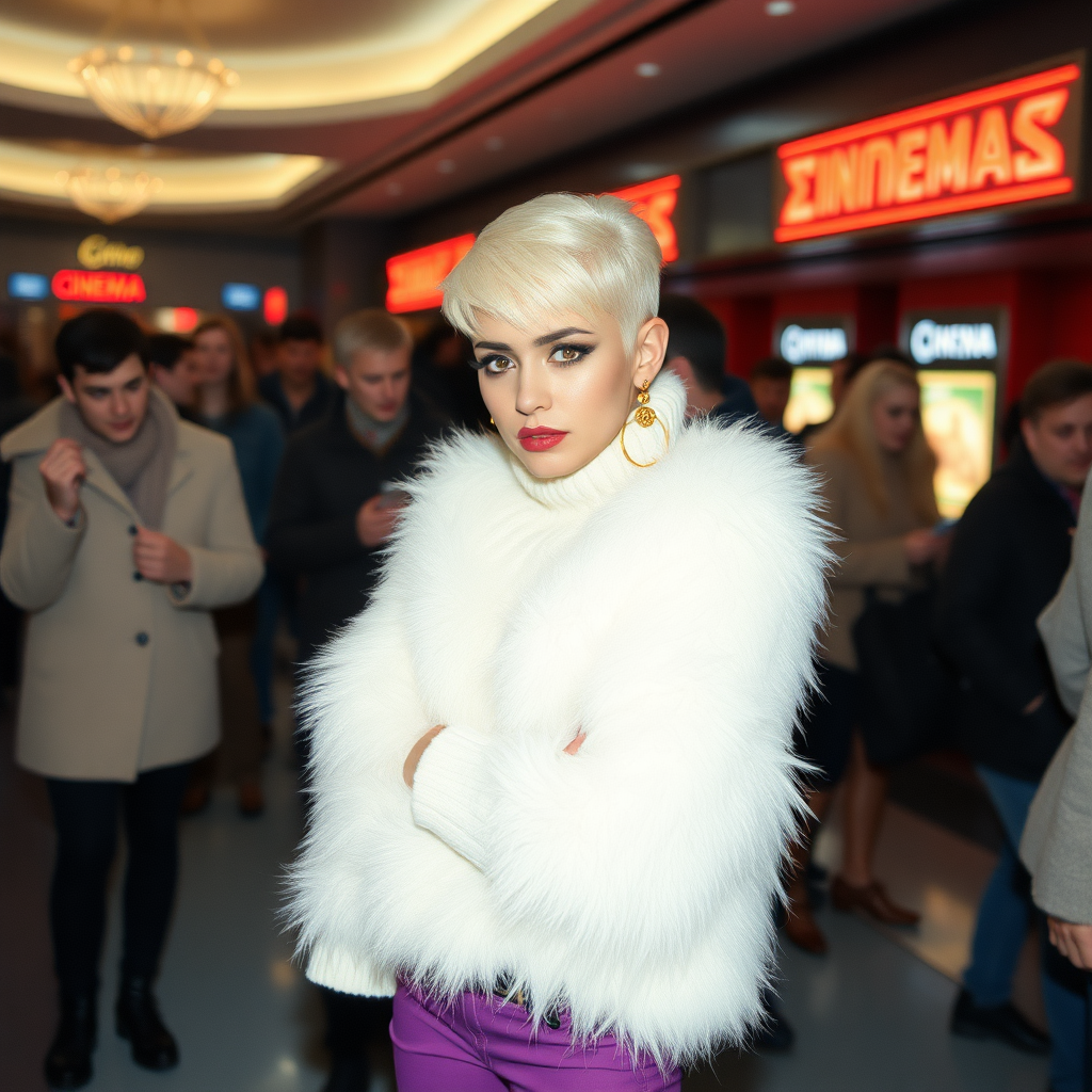 1990 winter evening, crowded cinema lobby: Sam, 19 years old beautiful involuntary femboy, rebellious intractable character, petite boyish figure, platinum blond boyish rebel punk hairstyle, flawless heavily made-up face with sharp arched tattooed eyebrows, wearing Supertanya-style fluffy very fuzzy bright white angora thigh-length turtleneck-poncho fully covering body and arms, purple stretch pants, black leather high-heeled pumps, gold earrings, puzzled alarmed, pout serious, impatiently waiting for her master. Full view, focus on Sam’s face and turtleneck-poncho.