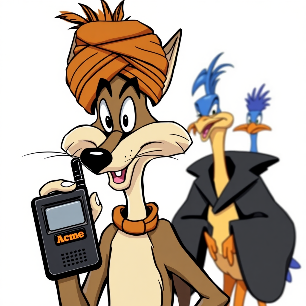 Wile E Coyote, wearing a turban, holding a black 1980's beeper that is branded Acme. Roadrunner in the background dressed in black like a hassidic jew.