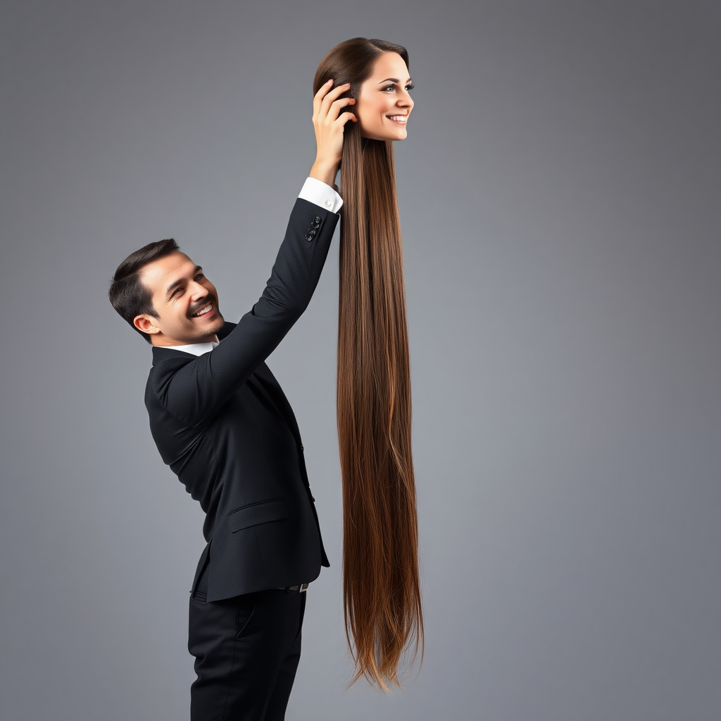 A surreal image of a smiling male magician standing to the side while holding up the disembodied head of a very long haired Kate Middleton. He is grabbing her very long hair and pulling it up high in the air, while her head is hanging by her hair from his grasp to display it to the camera. Plain gray background.