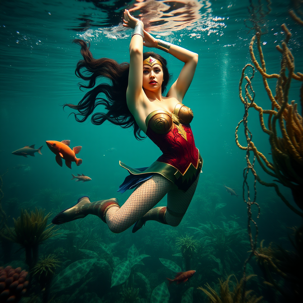 Wonder Woman as a burlesque dancer she's floating underwater surrounded by sea creatures and plant life. Her graceful arms float above her head. In the photographic style of Richard Fegley on DSLR