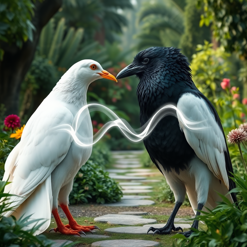 a huge white dove and a huge black crow standing facing each other within a clearing in an incredible lush garden. The beak of the dove is touching the beak of the crow. There is a large abstract infinity symbol of wavy, transparent light energy that crosses where the beaks meet and covers the entire bodies of the birds