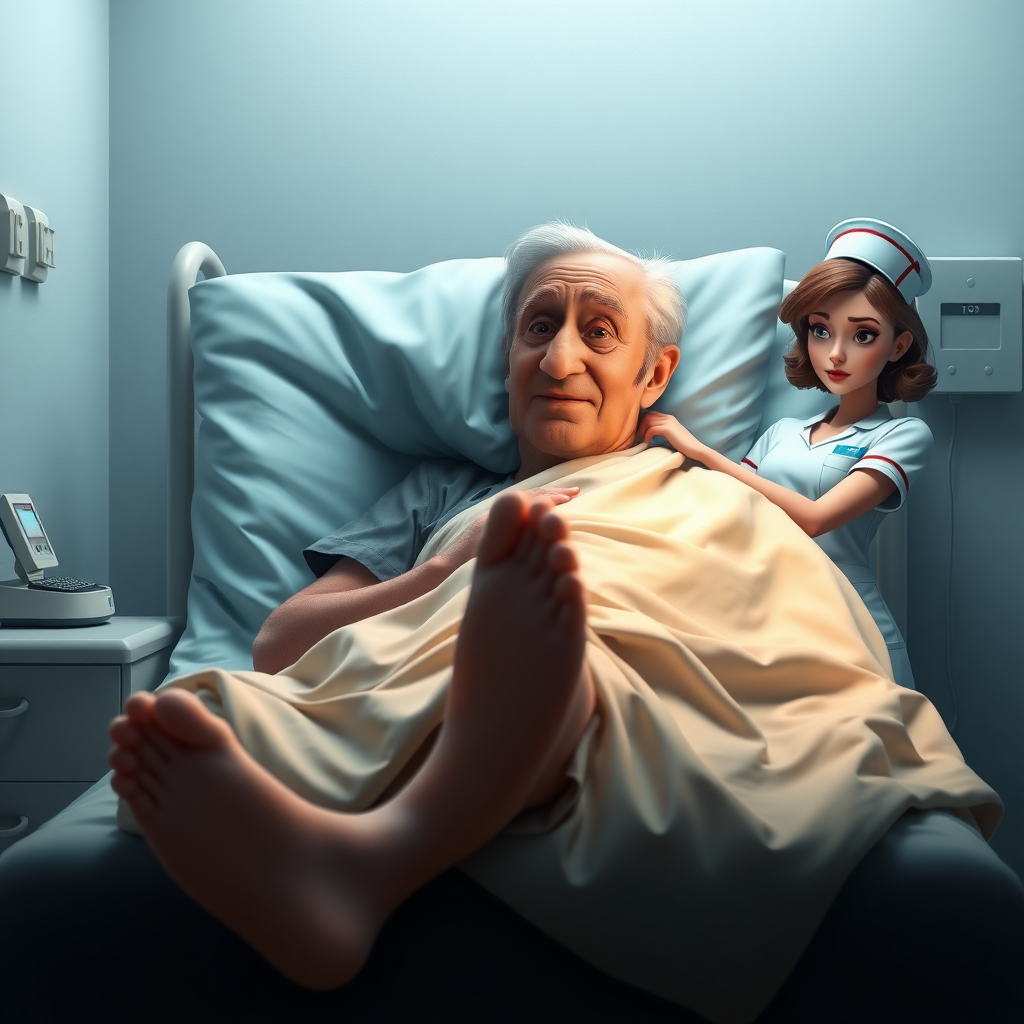 High quality, detailed, Disney 3D style film poster of an old man on a hospital bed with a huge erection under the blanket and a young skinny attractive nurse "impotence"