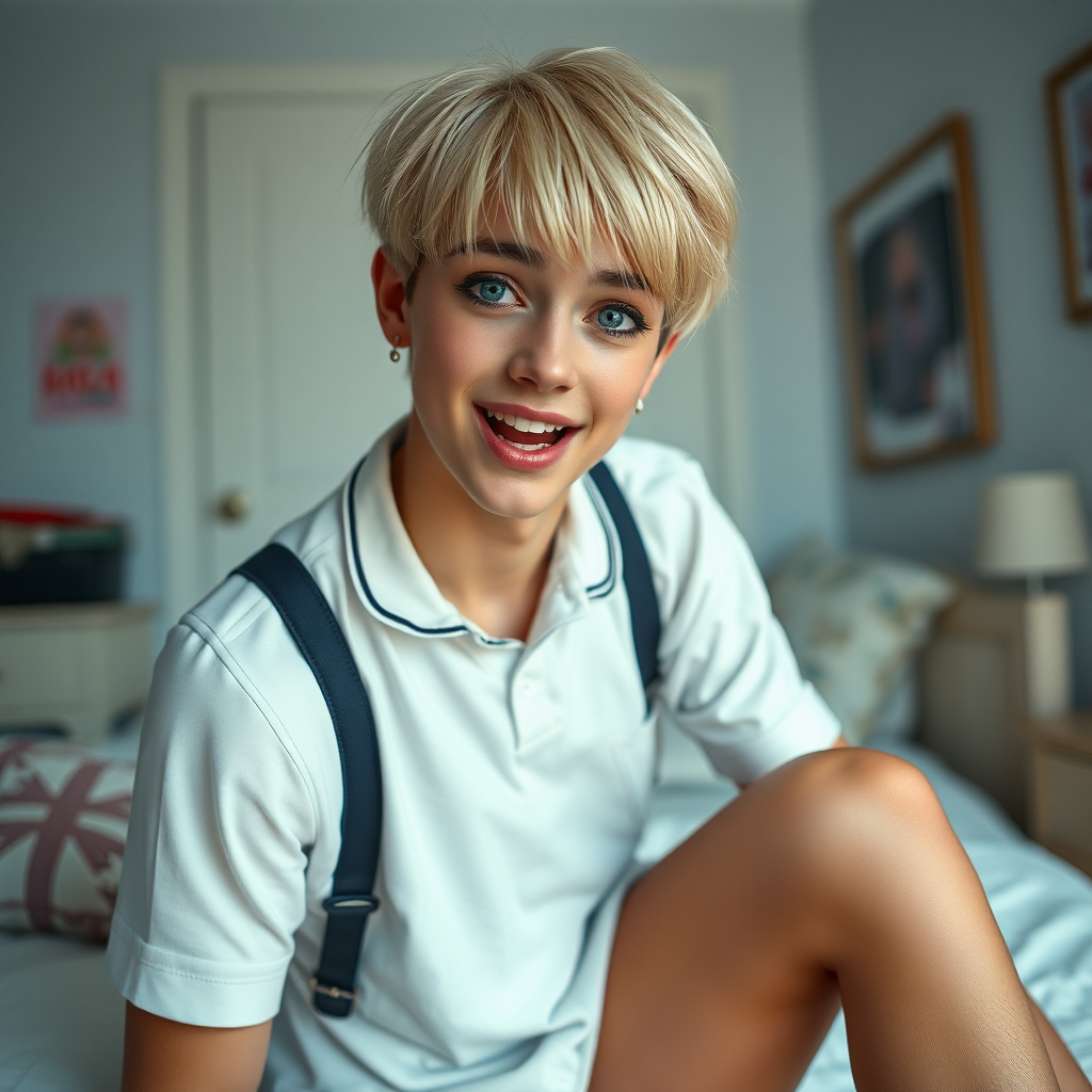 photorealistic, ultra high resolution, 16K, surreal fantasy, soft studio lighting, a pretty 16 year old goth male, slim male physique, short blonde hair, goth makeup, earrings, sheer pantyhose, UK girls-school uniform, Mary-Jane shoes, in the bedroom - , excited smile, facing the camera.