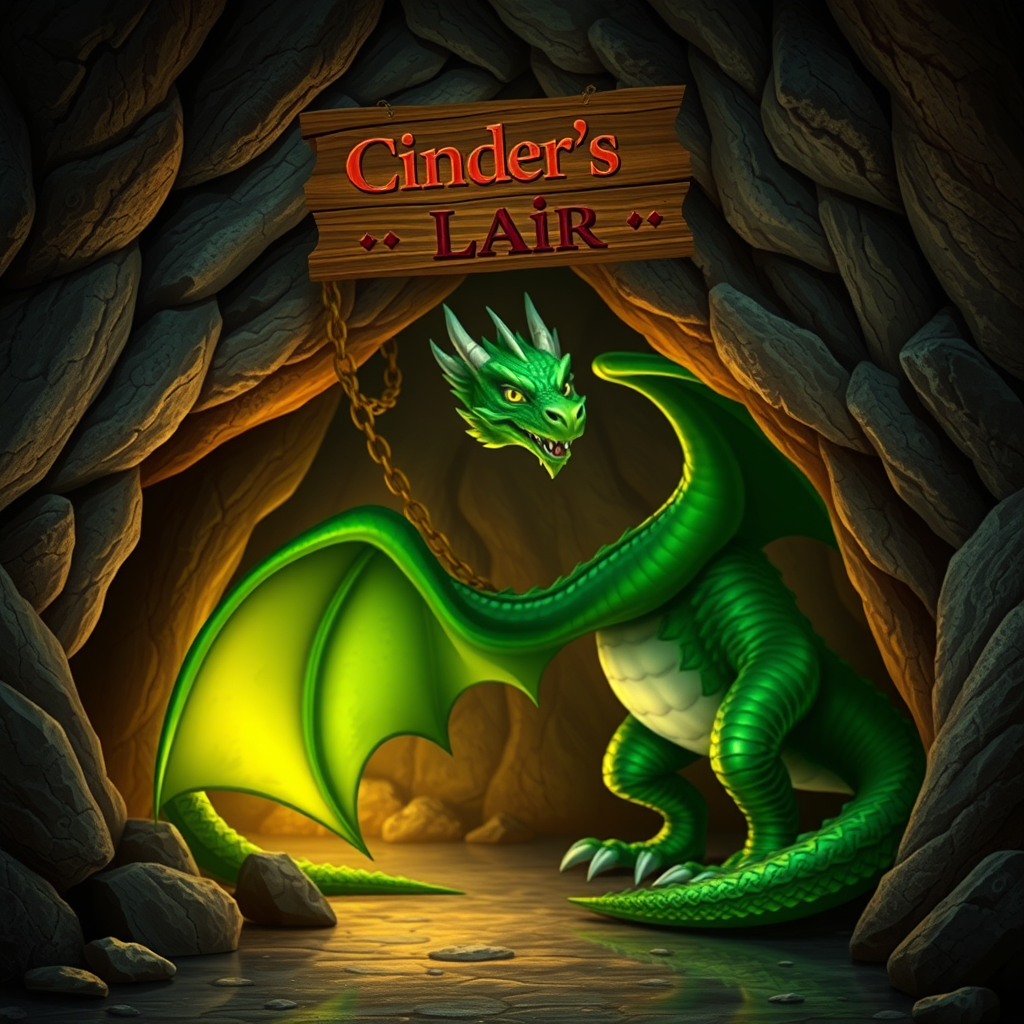 A photo realistic green shiny dragon within a dragon cave with a sign above it that says "Cinder's Lair"