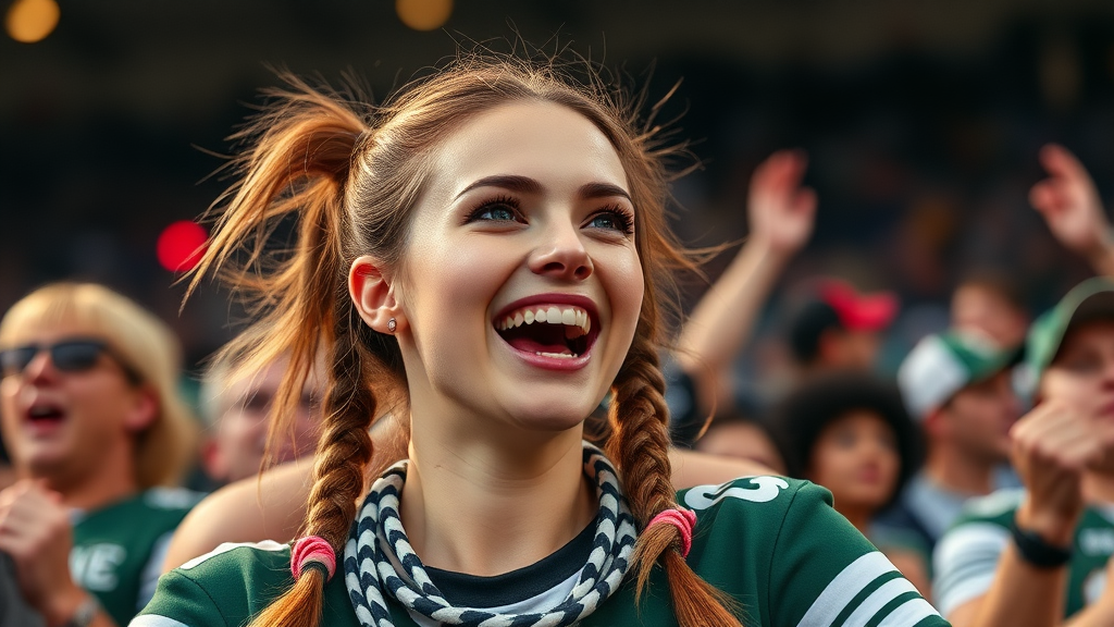 Attractive female NFL fan, pigtail hair, cheering wildly