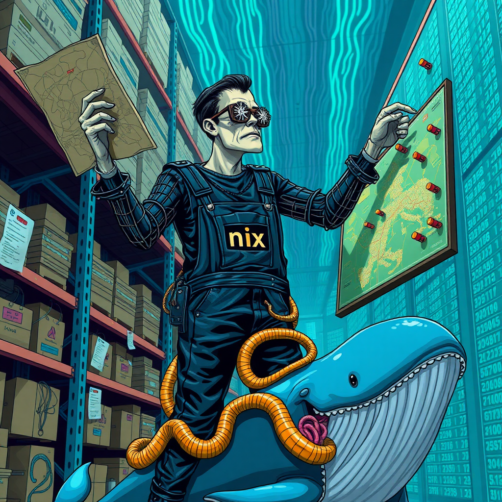 a cyberpunk frankenstein holding a big map in one hand and reaching for marker pins on a high board in a data warehouse, his arms are pythons. In the background are streams of data. His Overall reads "nix". He wears glasses in shape of snowflakes. he stands on a friendly blue whale with intestines coming out.