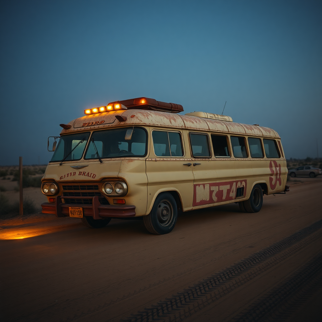 Ford Falcon Mad Max post Indian apocalyptic night dust rusty the bus is parked on the side of the road, inspired by Taiyō Matsumoto, tumblr, restomod, nd4, c4