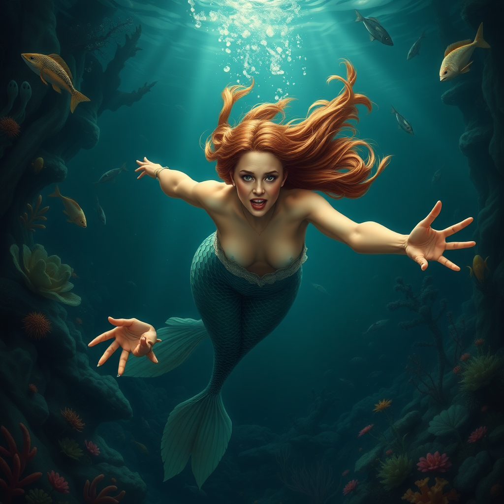 Sookie Stackhouse as a mermaid. She's diving down towards the viewer of the image, arms outstretched. The sea is deep and mysterious and filled with a myriad of ocean life plants, fish, and other aquatic life. In the art style of Thomas P. Peschak