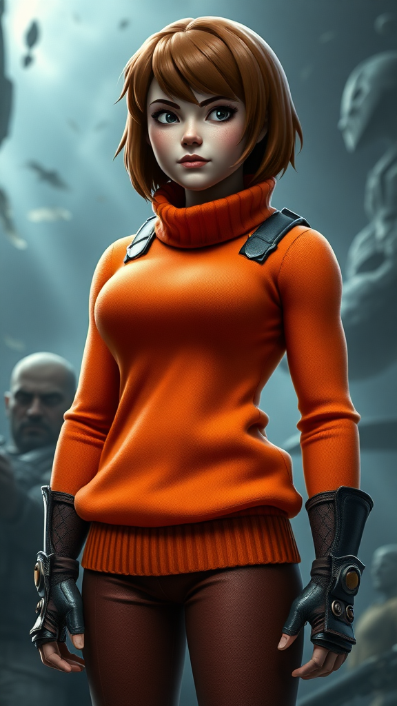 A full-length image of Velma Dinkley's character and personality embodied within the muscular physique and proportions of Marcus Fenix, maintaining Velma's distinct hairstyle, facial features, and iconic orange sweater, adjusting the costume to complement the new masculine form. The background should incorporate visual elements and aesthetics from both the Scooby-Doo and Gears of War franchises, creating a cohesive and visually striking composition.