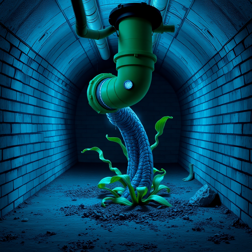 Interior. Underground scene with brick walls and floor. Blue tinted lighting. A large green drain pipe sticks out of the ground. From the pipe opening comes a blue piranha plant monster imagined as a 1980s movie monster.