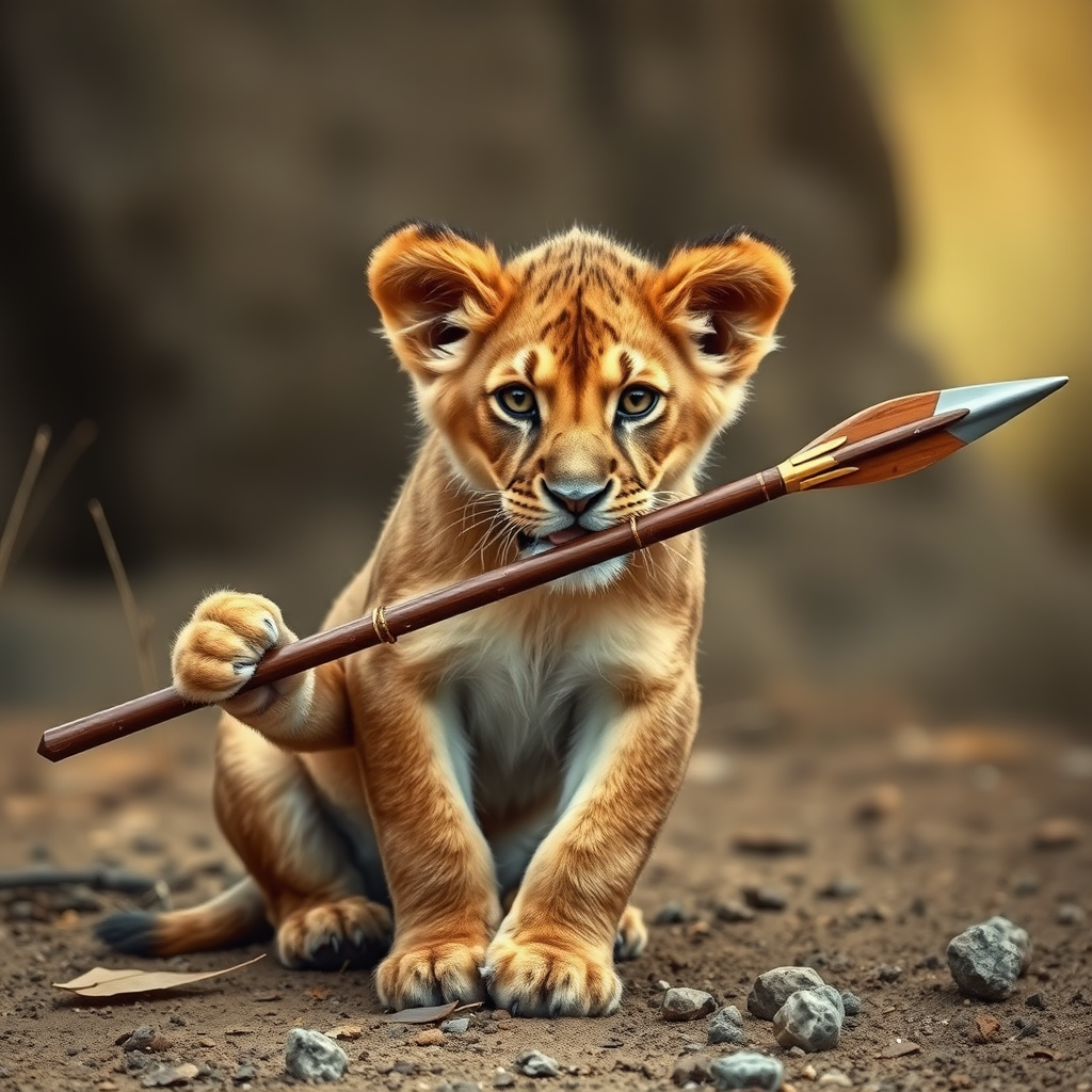 Lion cub holding a spear