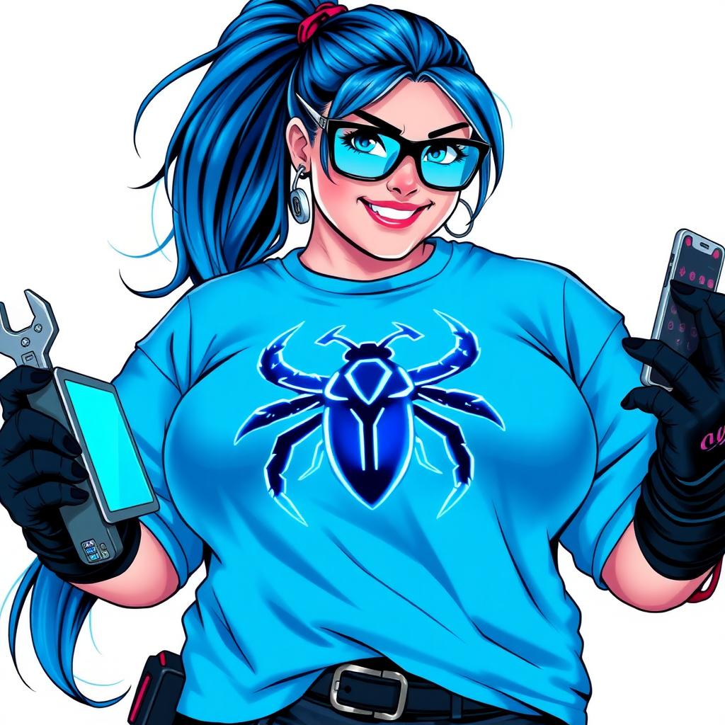 A 28-year-old, full-figured computer hacker and tech wiz, she is the girlfriend of a cyberpunk vigilante. Her long maximum blue ponytail, and striking, bright blue eyes make her stand out. Her wrecking ball-sized midsection, sequoia-sized limbs, and broad shoulders define her full figure, which has been heavily pampered by her doting boyfriend. Her nerdiness is blatantly obvious, and she serves as her boyfriend’s tech expert.

As the loyal and supportive sidekick, she plays a crucial role in their missions, using her digital and technological prowess to assist and protect. She wears an oversized maximum blue t-shirt adorned with a glowing neon blue beetle chest icon, black oversized eyeglasses, and black high-tech gloves. She beams with a neon red blush, holding a futuristic wrench and a digital holographic tablet. She is on a solid white background. She is drawn as if she was in a retro 2D cyberpunk fighting game.