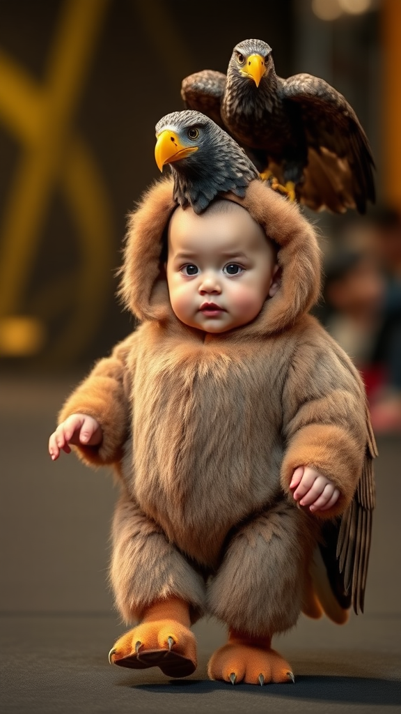 A cute small chubby fair baby with big eyes, pink lips, and pink cheeks, wearing a furry cozy eagle costume, doing a ramp walk in a fashion show, walking with a real eagle, with a cinematic eagle sitting on the baby's head.