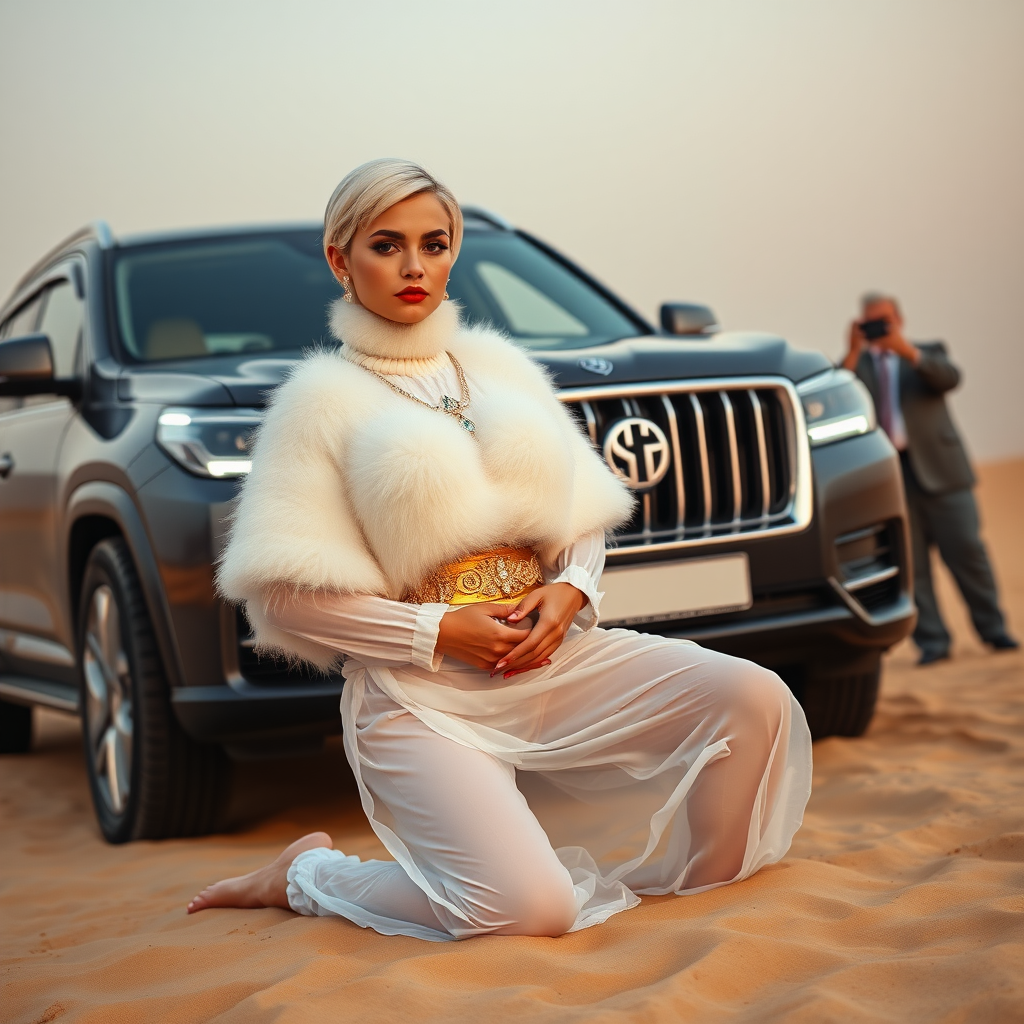 Kuwait desert dunes misty dawn, full size luxury SUV: Melissa, European 17 years old very convincing femboy “trophy-bimbo”, tamed servile docile, very beautiful feminine flawless face, rather short, by hormones very curvaceous womanly figured, platinum blond short tight curls, bold red lips, heavily made-up face, wearing Supertanya-style fluffy very fuzzy bright white angora turtleneck-poncho cropped ending under bust decorated with pearls and gemstones, striking oriental wide gold bridal protection belt, white fully transparent harem pants, full Oriental bridal jewelry with striking headpiece, full Oriental face-jewelry, striking diamond “$$$” letter brooch on left chest, pout frustrated, hands tied behind back, kneeling in sand in front of SUV, looking at camera. Focus on face and turtleneck-poncho. Standing behind leaning against SUV: older overweight mighty sheik laughing taking pictures with mobile phone.