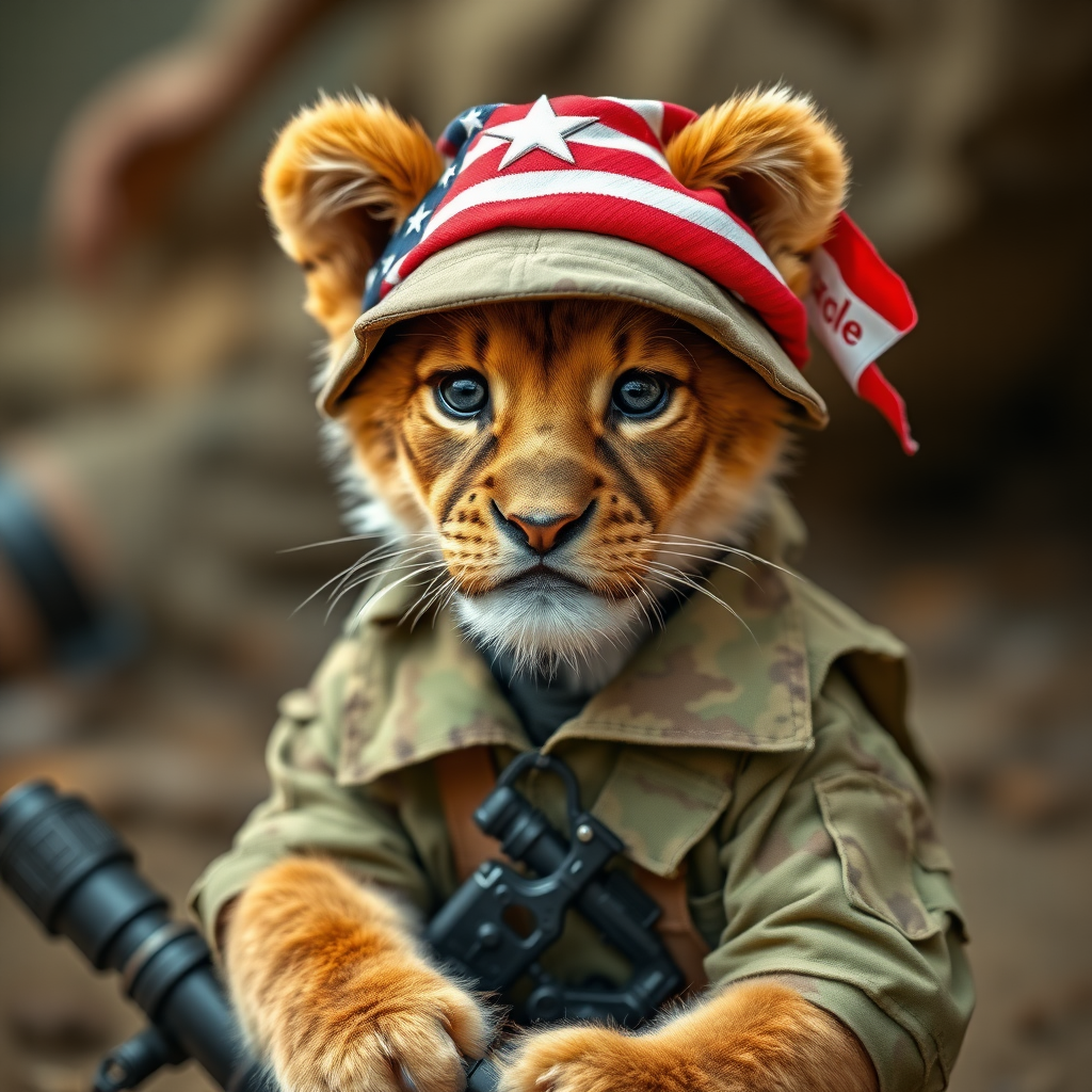 Lion cub dressed as an American soldier