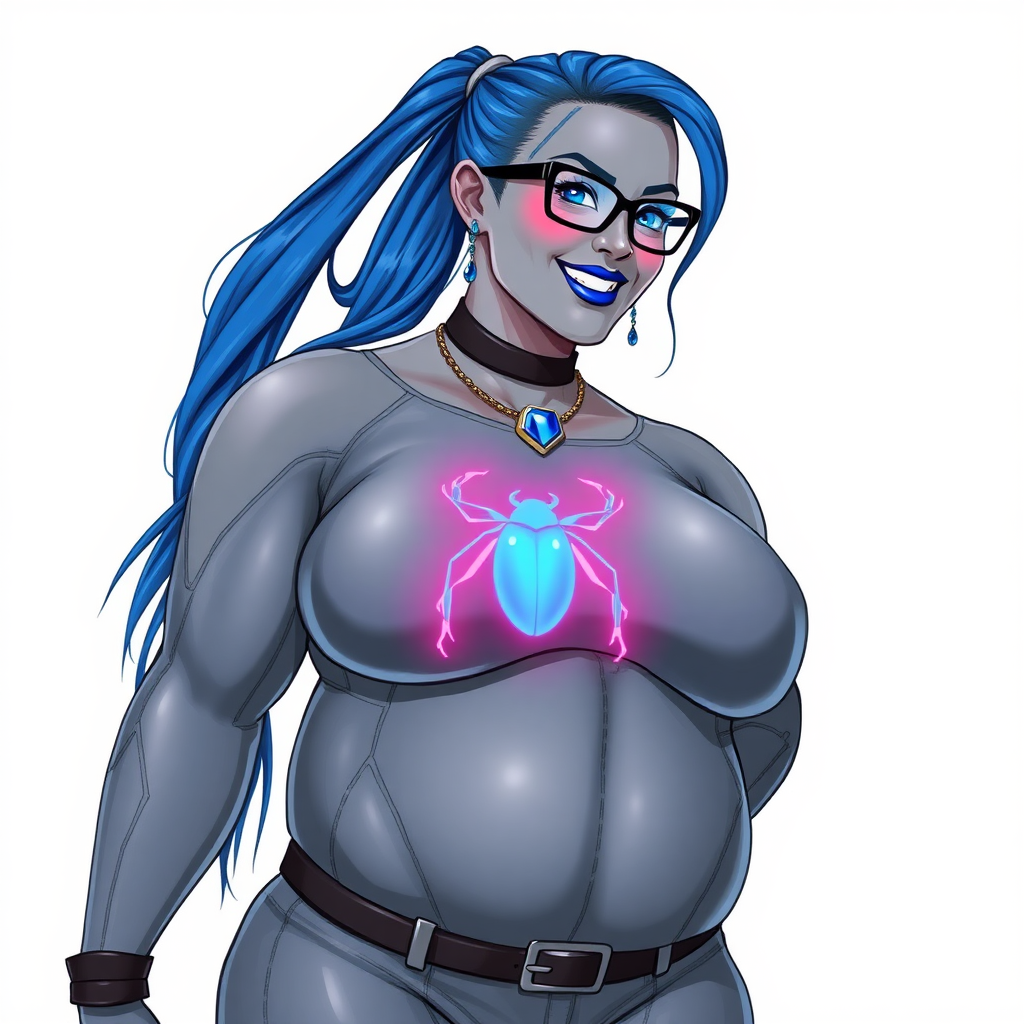 A cyberpunk vigilante’s full-figure middle gray metallic skinned computer program hybrid 28-year-old digital sidekick and loyal girlfriend. She has a long maximum blue ponytail and middle gray metallic skin that blends with her outfit appearing to merge together into computer data. She wears maximum blue lipstick, blue eyes, a sapphire beetle gemstone necklace, sapphire earrings, black eyeglasses, and an oversized, digital, computerized, middle gray bodysuit featuring a neon blue glowing beetle chest icon that accentuates her prominently, round, gargantuan midsection. She sports a beaming smile with a neon red blush. She serves as his minicomputer operating in his hi-tech wristwatch and supercar's onboard computer using her ability to hack into machines and computer to relay vital mission information. The background is solid white. She is drawn as if she was in a retro 2D cyberpunk fighting game. Her midsection is bloated to emphasize her figure. Make the middle gray color tone distinct from any other character.