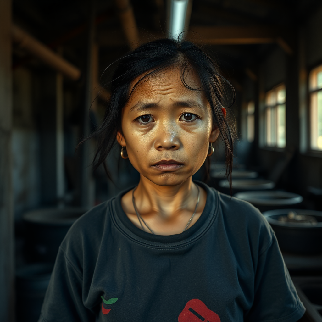 A very sad and hungry Laos Girl with a very old T-Shirt in a very dark old and mystery Factory