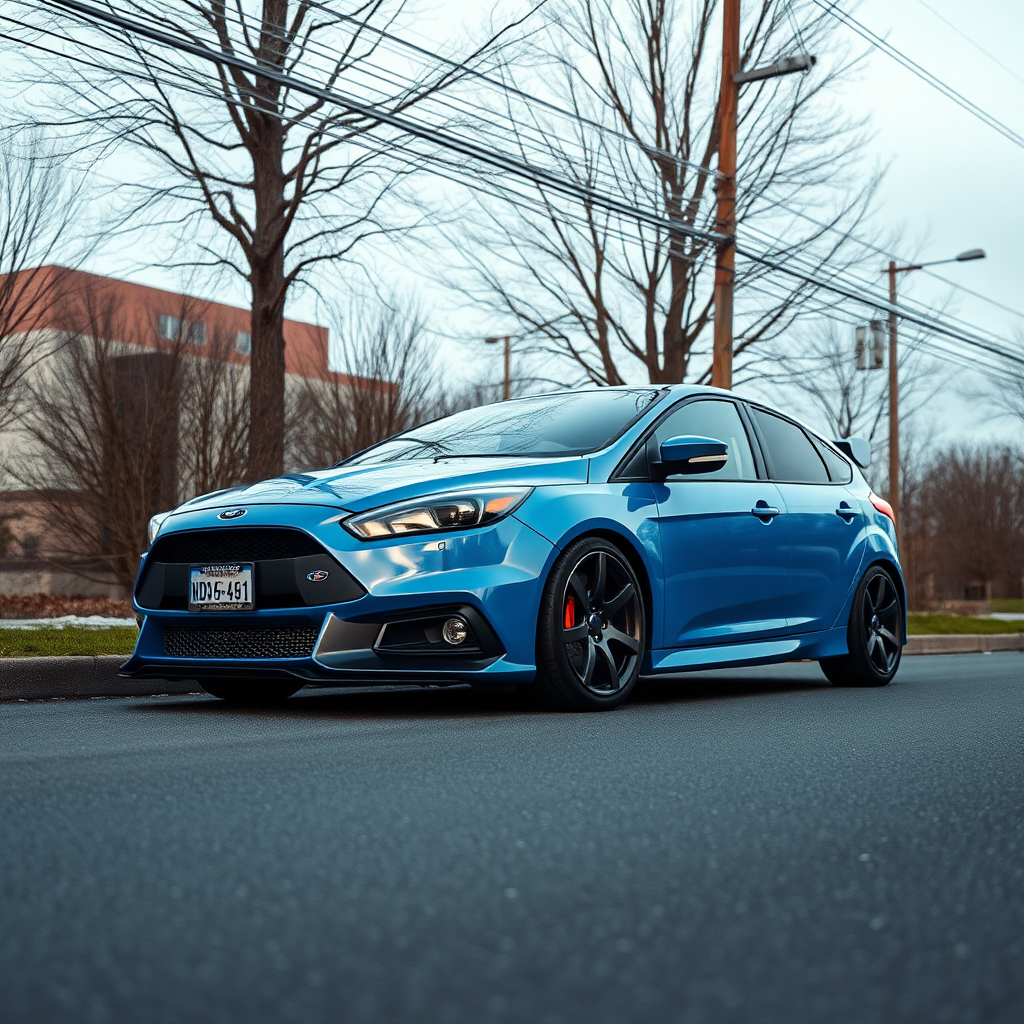 #AIart #flux1 #aiart #aiphotography #photorealism #flux1pro ford focus rs 2009 car is parked on the side of the road, inspired by Taiyō Matsumoto, tumblr, restomod, nd4, c4