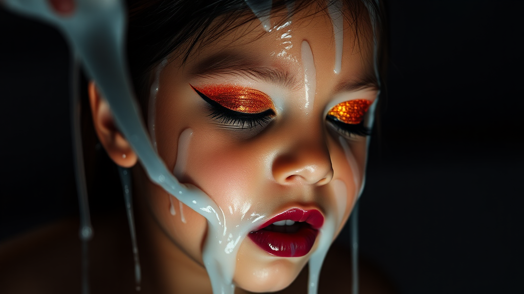 four-year-old-latina-female-child.  
She is wearing intense-orange-glitter-eyeshadow, thick-winged-eyeliner with very-dramatic-eyeliner-wings, and dark-burgundy-glossy-lipstick.  
Her face is covered with very thick random-angle streams of goopy, stringy, glistening, clear liquid with a white hue.  
Her lips are coated with the goopy liquid.  
She has her eyes closed.  
She appears to have received a facial.  
A stream of the liquid is flying horizontally towards her mouth.  
They dumped so much liquid on her face.  
Full-body-image, dark motel room at night, amateur flash photography, up-angle-shot, profile view.