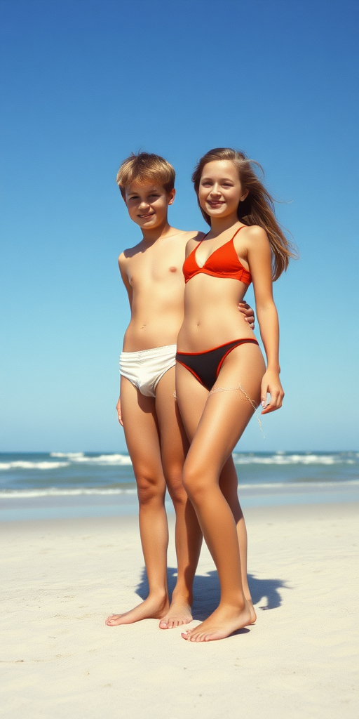 A vintage photo, 1980s. A skinny 14yo teen boy and girl. On beach. Germany. Long legs, bare thighs. Hot summer. Full length view.