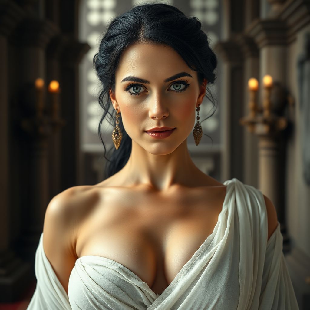 The female queen, aged 40, possesses pale skin complemented by striking grey eyes and a seductive gaze, with black Greek-style hair that frames her youthfully smooth visage with subtle wrinkles. Her attire consists of a sheer, white, low-cut Roman garment that exposes her ample bosom, allowing the skin of her breasts to peek through the fabric. She adorns herself with elegant earrings and a necklace, exuding a captivating MILF allure within the grandiose setting of a majestic castle, all captured under the dramatic flair of cinematic movie lighting and presented with ultra-high-definition 8k photographic detail.