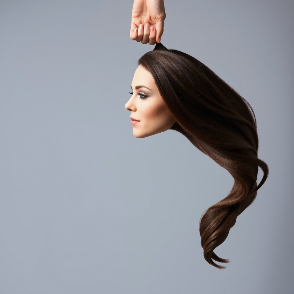 A surreal image of the beautiful disembodied head of a very long haired Kate Middleton. A hand is grasping the ends of her hair at the top of the frame while her head is hanging down from the other end. Plain gray background.