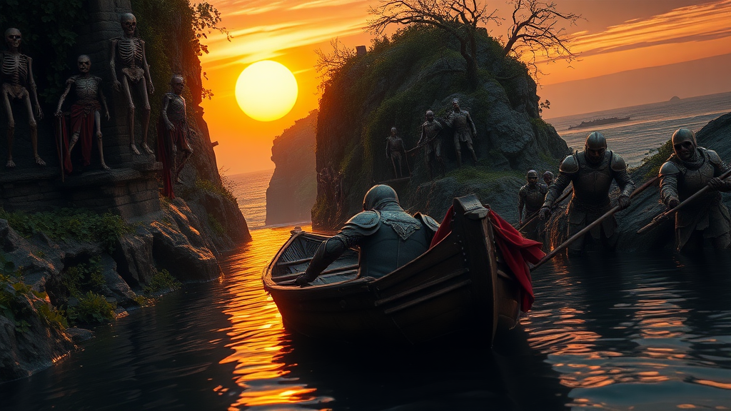 A cinematic still of a wounded knight, clad in battered armor, slumped against the prow of a small, weathered wooden boat. The boat is slowly drifting down a narrow river, the water dark and reflecting the fiery sunset. The river is framed by towering cliffs, their sheer faces etched with ancient ruins, overgrown with vines and gnarled trees. The ruins are partially obscured by thick foliage, with hanging skeletons and rusted warrior armors peeking through. On the riverbank, dark green mystical energy pulsates around figures of zombie knights, their armor rusted and their eyes burning with an unnatural glow. The sunset paints the sky in fiery hues, with a large, glowing sun sinking towards the horizon. The river gradually widens as it flows towards the ocean, glimpsed beyond the distant cliffs, its surface shimmering with the last rays of daylight.