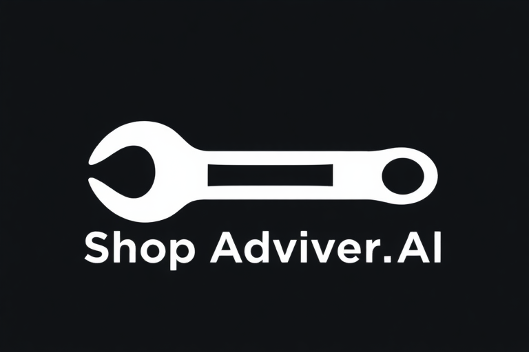 A logo for shop repair software called "Shop Advisor AI", with a wrench or pneumatic gun element incorporated