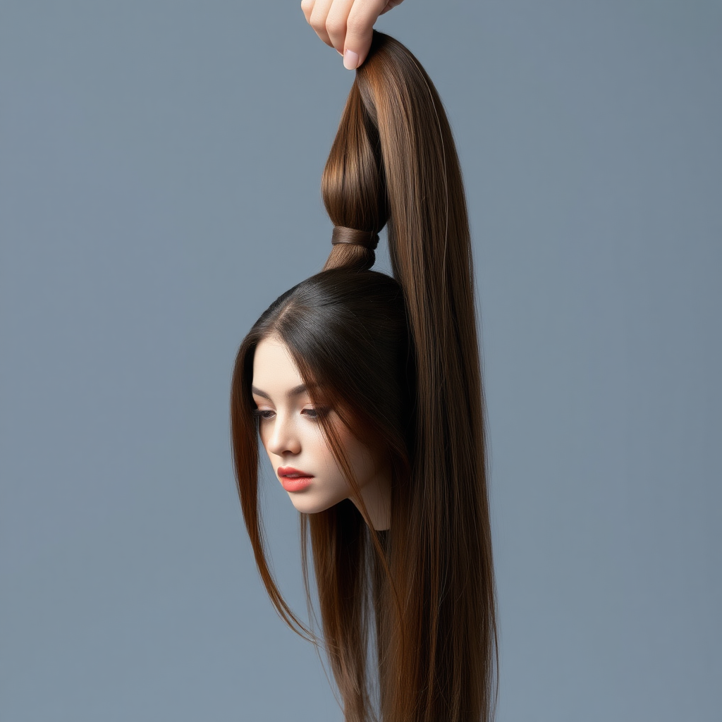 Surreal image of a very long-haired woman's beautiful disembodied head hanging by her very long hair. Her very long hair is gathered at the top of her head into a long ponytail that stretches upward into a grasped hand. Plain gray background.