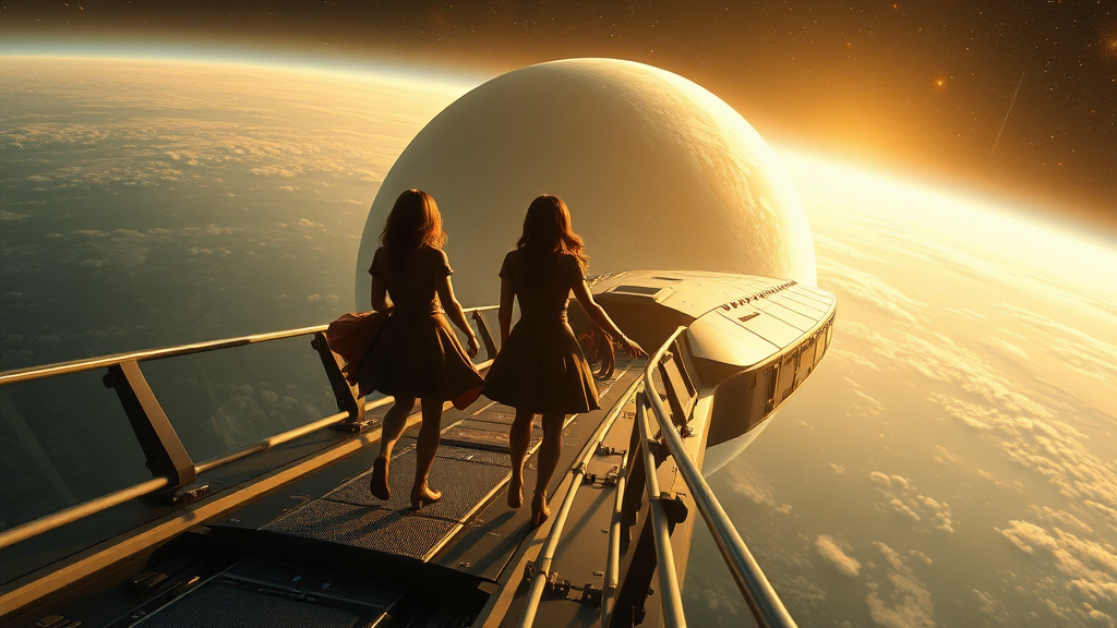 the sugababes are on the bridge of a huge space ship passing planet earth