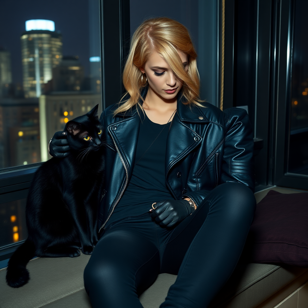 A beautiful tough thief girl in black leather jacket over black t-shirt with black tight jeans and gloves stroking a black cat sitting in a Manhattan penthouse at night.