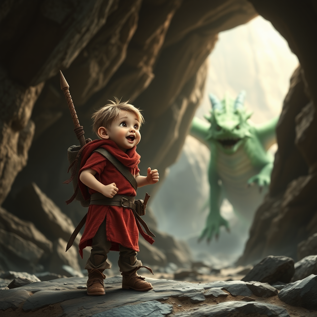 A realistic shot of a small, skinny, light brown, excited kobald in a tattered red tunic and dirty brown pants wearing a quaterstaff on his back as he sees a large green dragon in a cave.